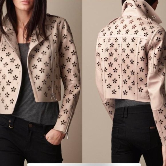 Burberry Lambskin Laser Cut Flower Perforated Motorcycle Biker Jacket Camel Sz4 - Picture 1 of 16
